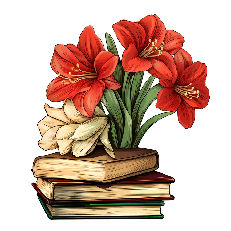 Books and Red Flowers Still Life