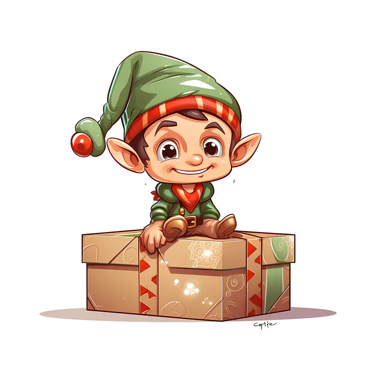 Cute Elf Sitting on a Gift Box