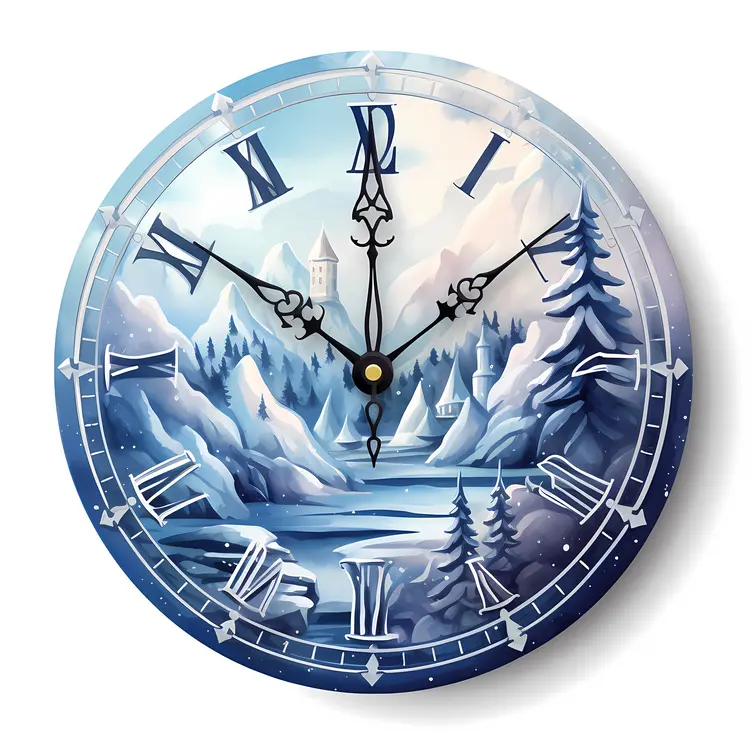 Winter Landscape Clock with Snowy Mountains