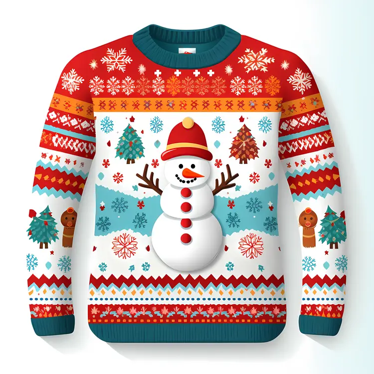 Snowman Sweater with Christmas Trees and Gingerbread Men