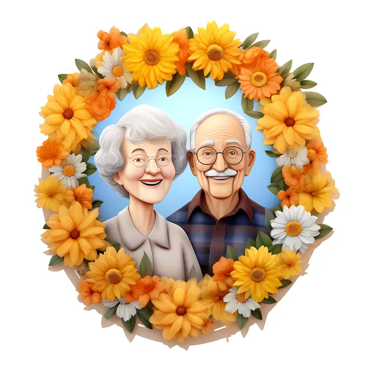 Elderly Couple Portrait with Floral Wreath for Grandparents Day