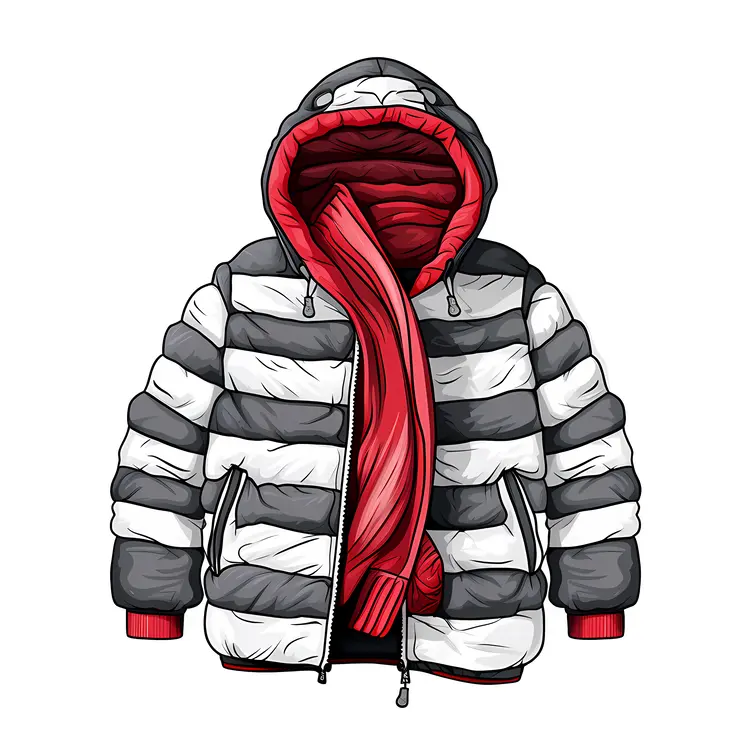 Striped Puffer Jacket with Red Scarf