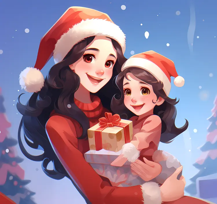 Mother and Child with Christmas Gift