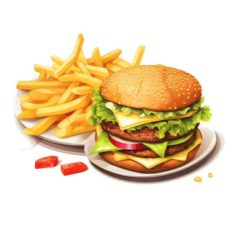 Delicious Burger with French Fries on Plate