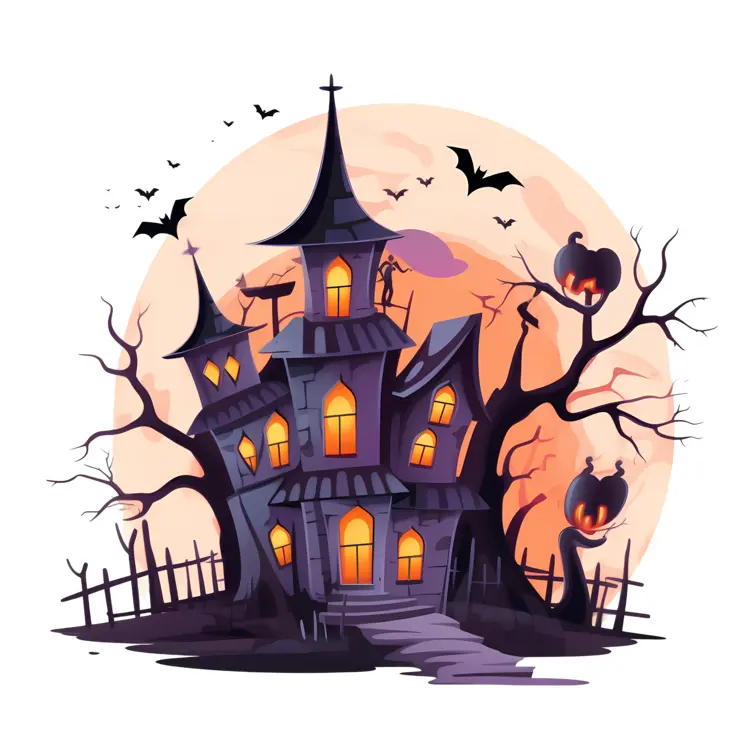 Haunted House with Bats and Glowing Windows