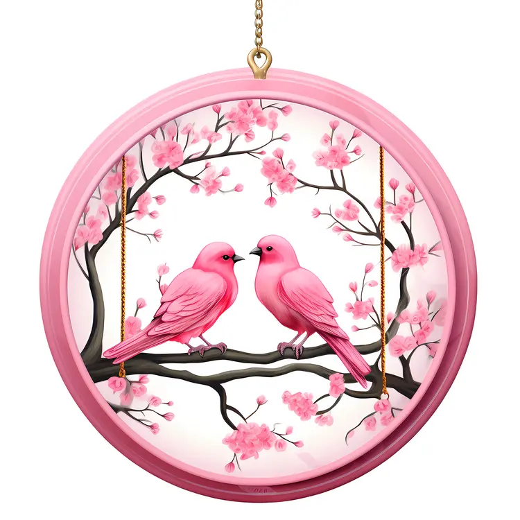 Pink Birds on Swing with Cherry Blossoms for Valentine's Day