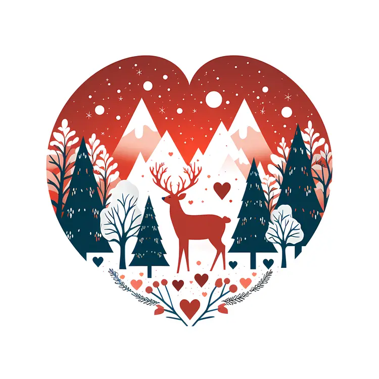 Heart-shaped Winter Scene with Deer and Trees