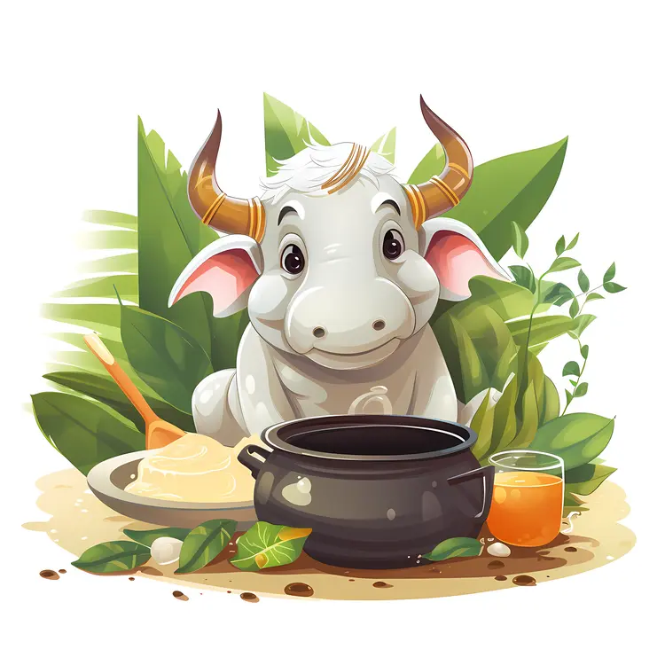 Cute Cartoon Cow with Pot and Dairy Products