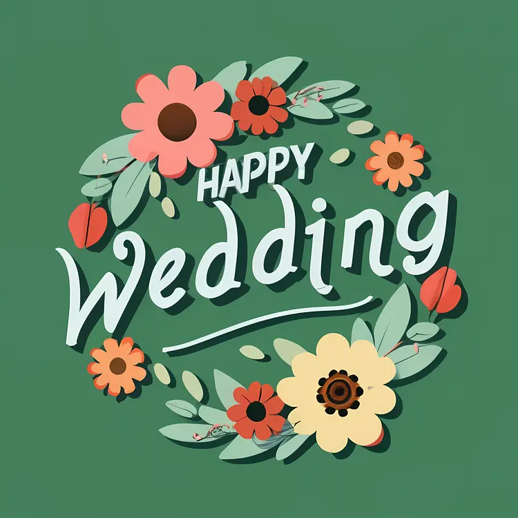Happy Wedding Text with Flowers on Green Background
