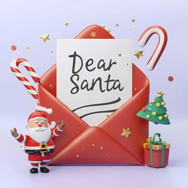 Dear Santa Letter in Red Envelope with Santa Claus and Candy Canes