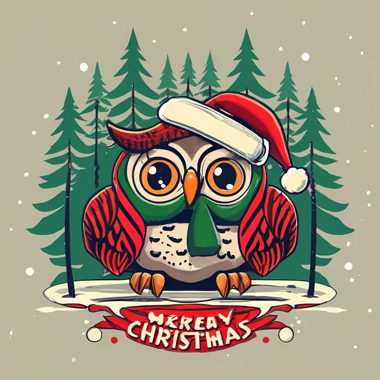 Cute Owl with Christmas Hat and Scarf