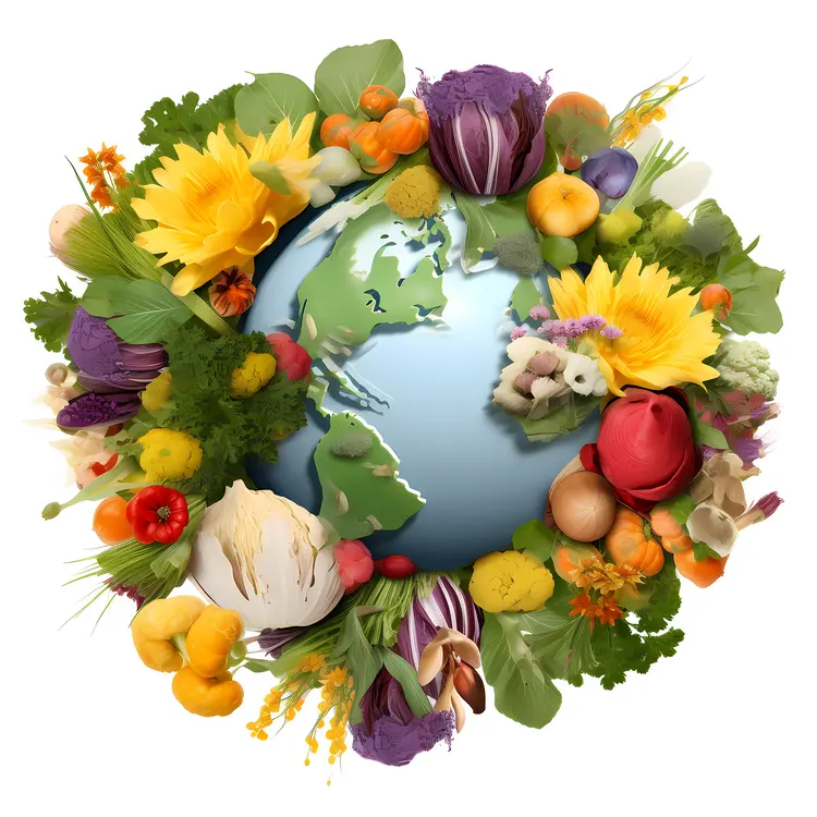 Earth Surrounded by Vegetables and Flowers for Earth Day
