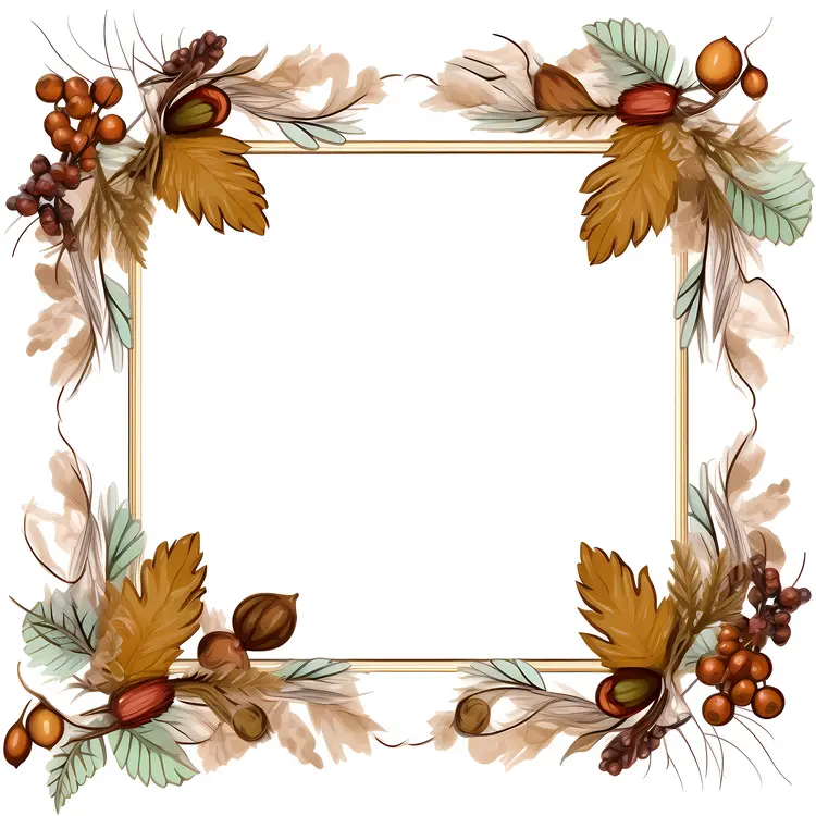 Autumn Leaves Frame with Berries and Brown Leaves
