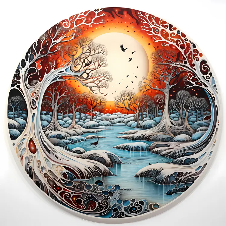 Winter Forest with River and Sunset