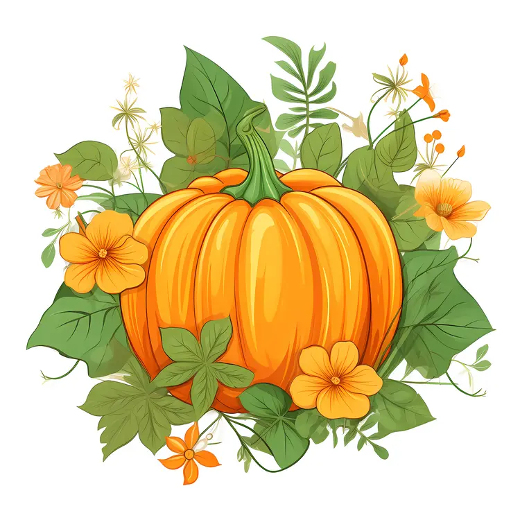 Orange Pumpkin with Leaves and Flowers