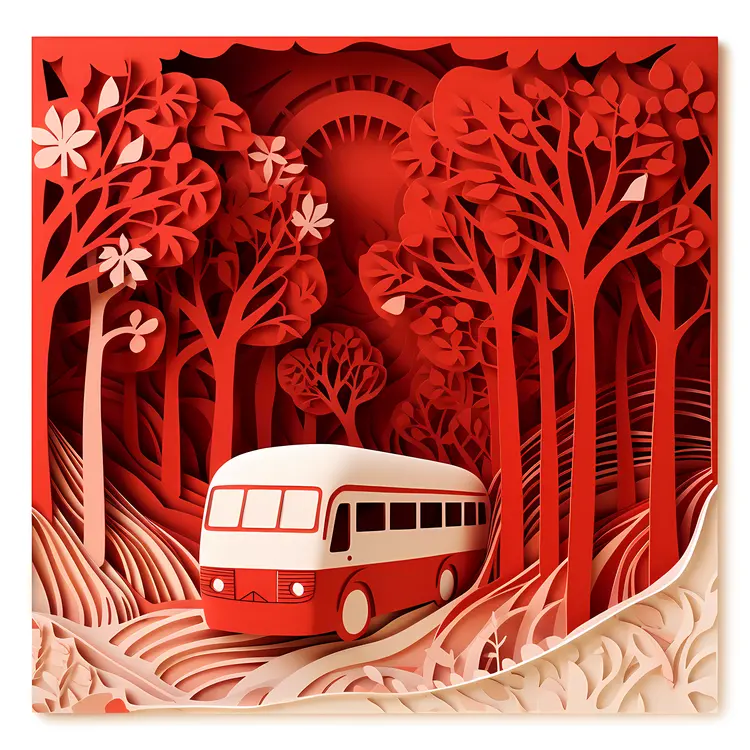 Red Paper Art Bus in a Forest