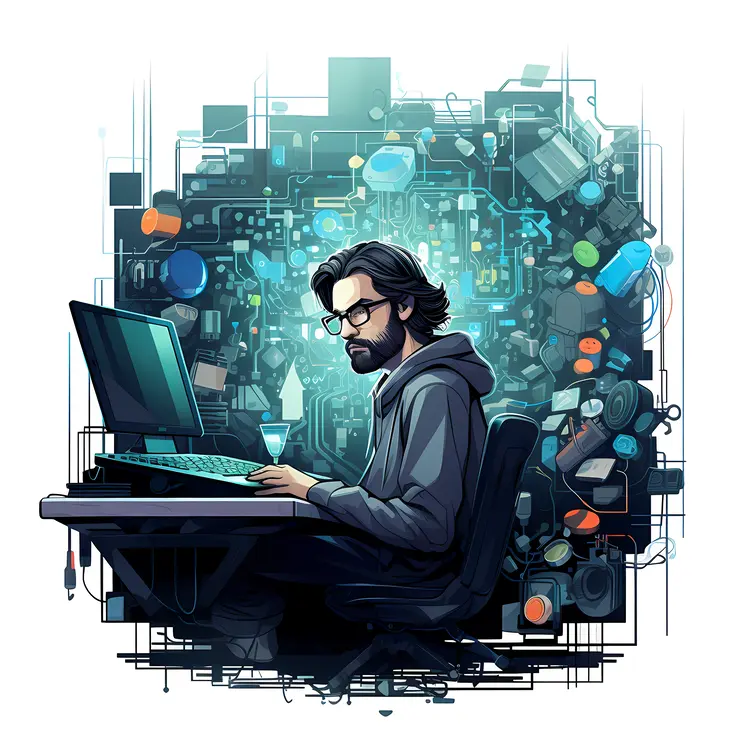 Man Working on Laptop with Tech Background