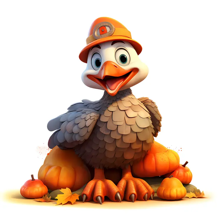 Cute Turkey with Hat and Pumpkins