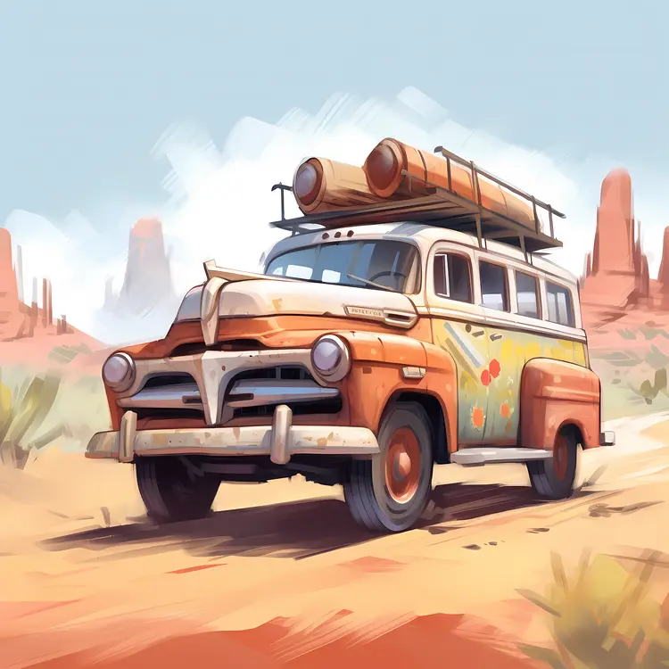 Vintage Van in Desert Landscape