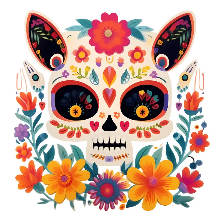 Colorful Sugar Skull with Floral Decorations for Day of the Dead