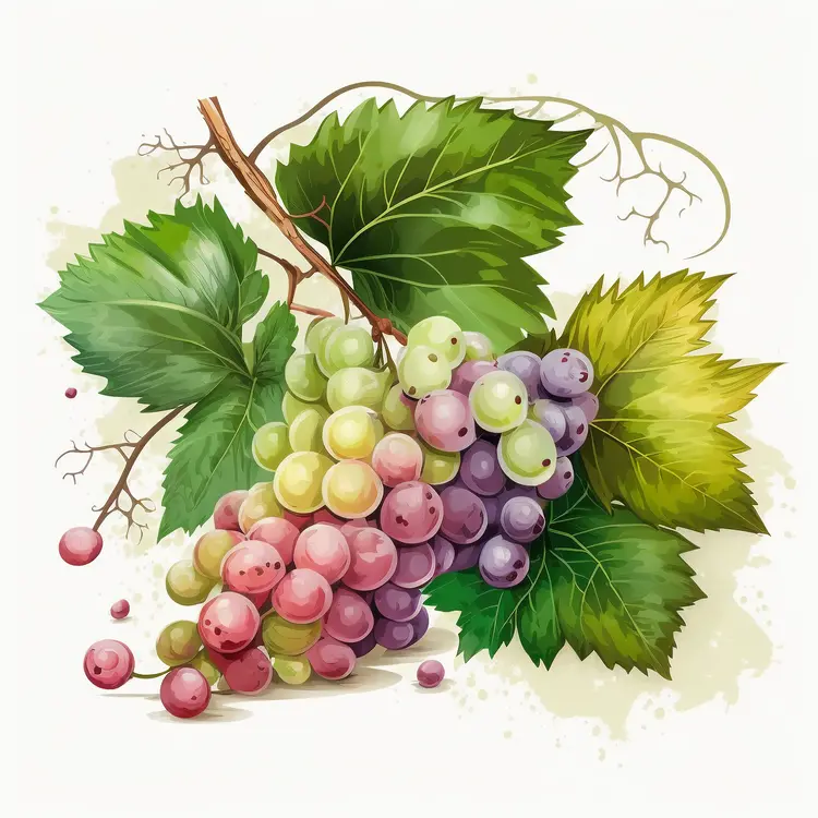 Colorful Grapes with Leaves Illustration