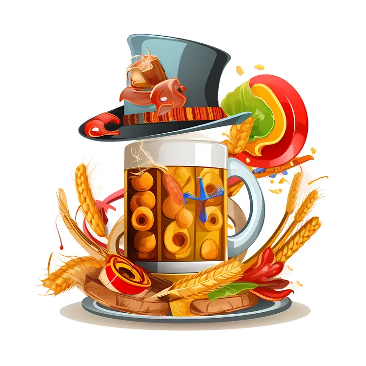 Festive Beer Mug with Top Hat and Snacks for Oktoberfest