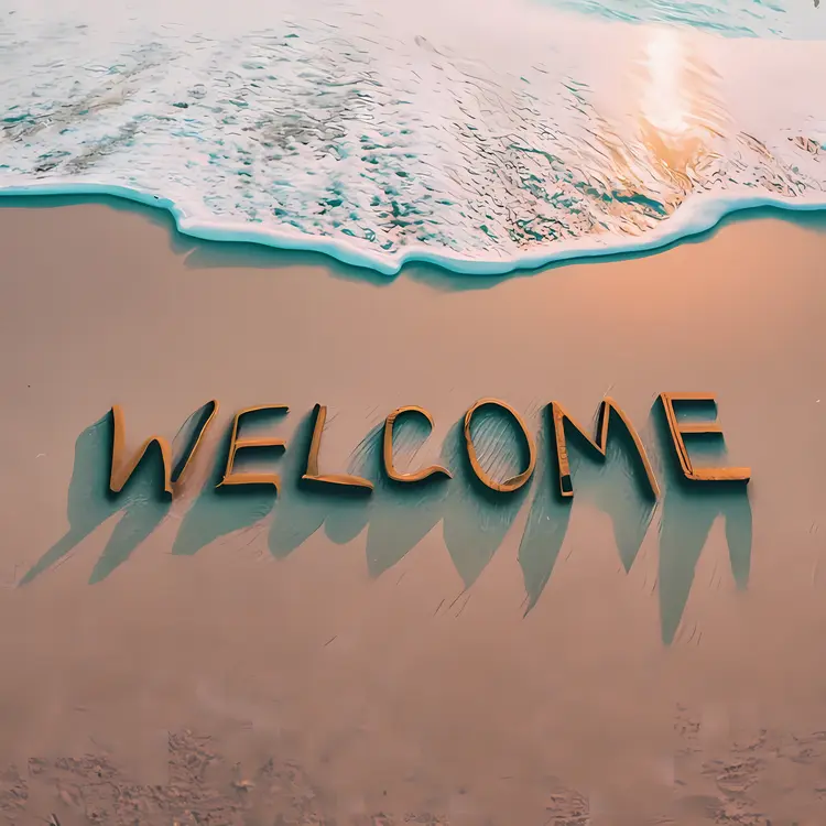 Welcome Text on Beach Sand