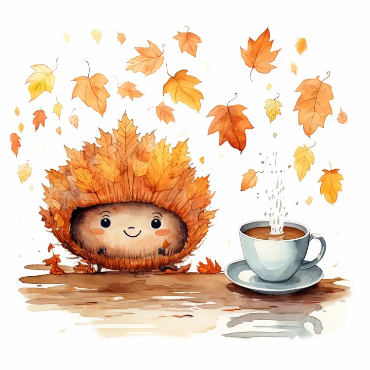Cute Hedgehog with Cup and Autumn Leaves