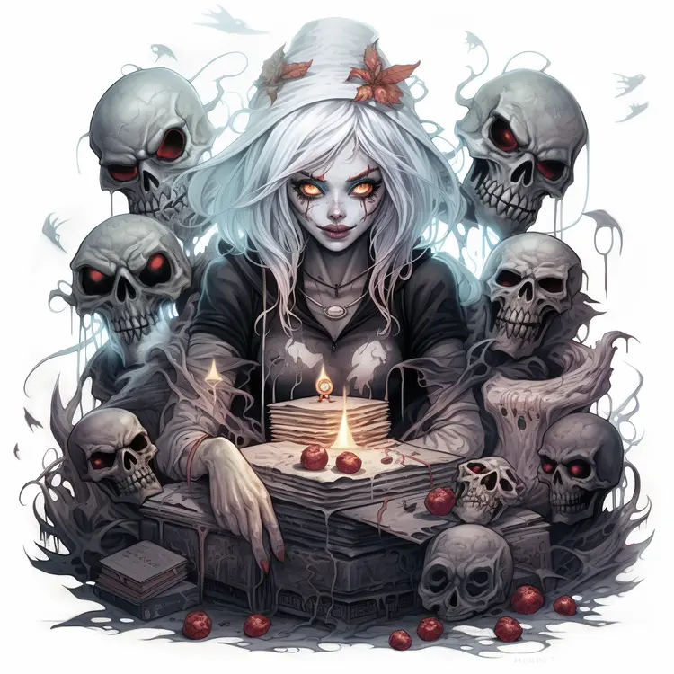 Girl Surrounded by Skulls for Halloween