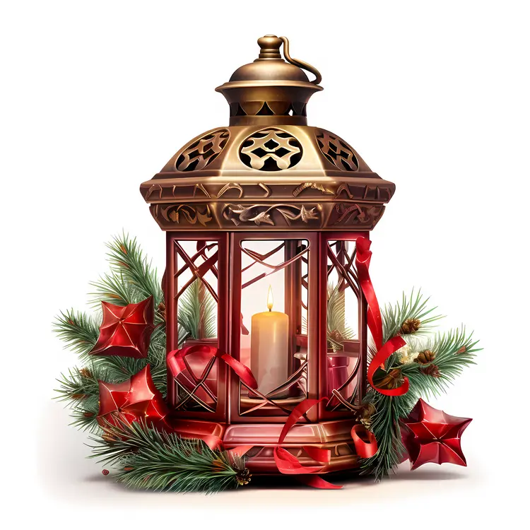 Bronze Lantern with Candle and Red Ribbons
