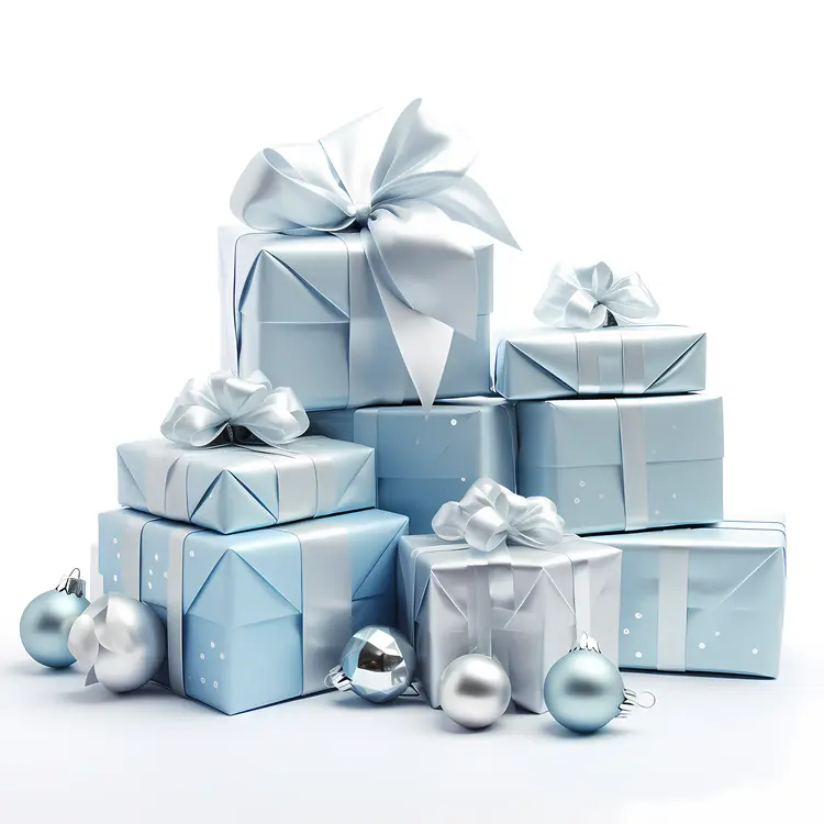 Blue Gift Boxes with Silver Ribbons and Ornaments