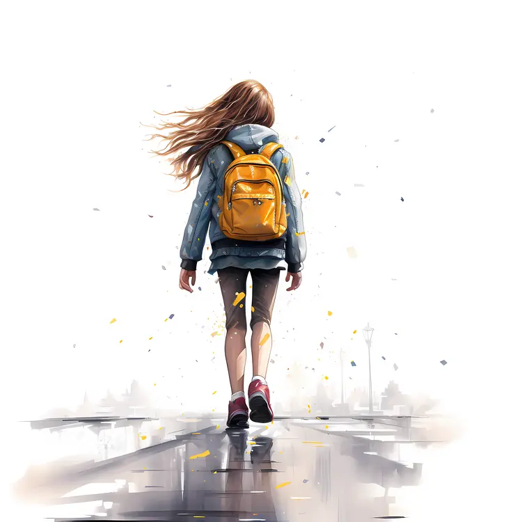 Girl with Yellow Backpack Walking