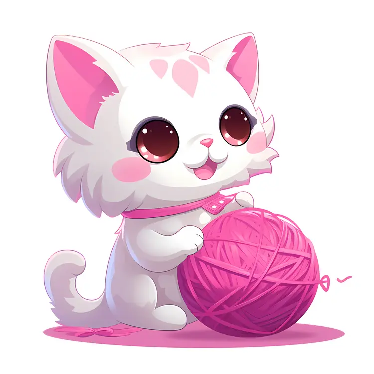 Cute Cartoon Cat with Pink Yarn Ball