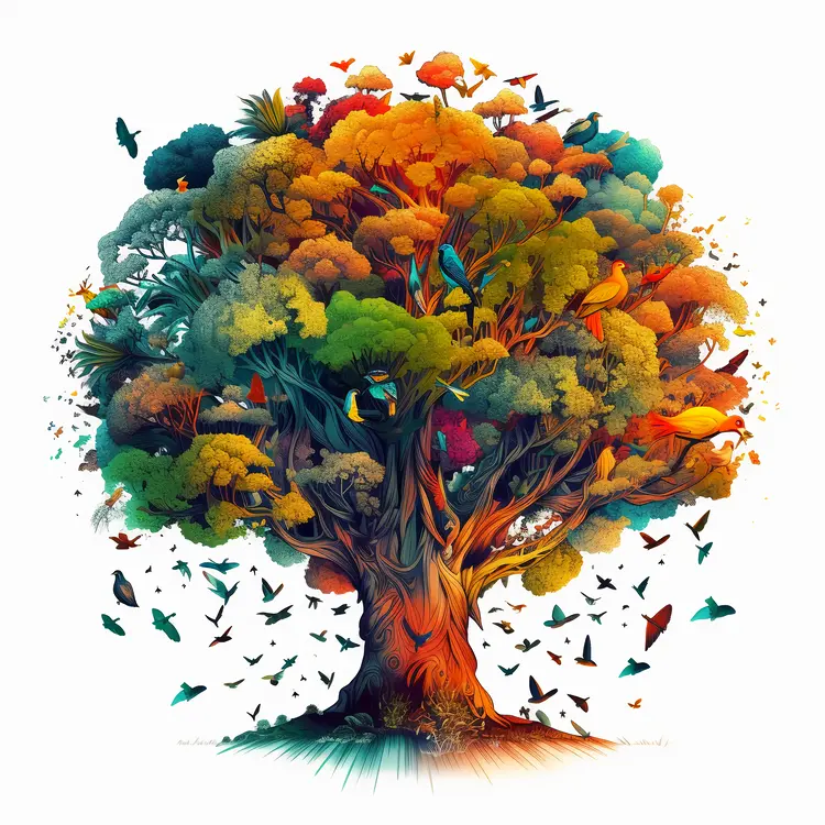 Vibrant Tree with Birds in Nature