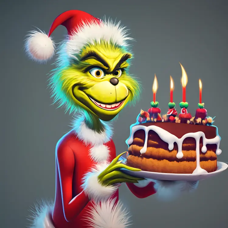 Grinch with Birthday Cake in Santa Hat