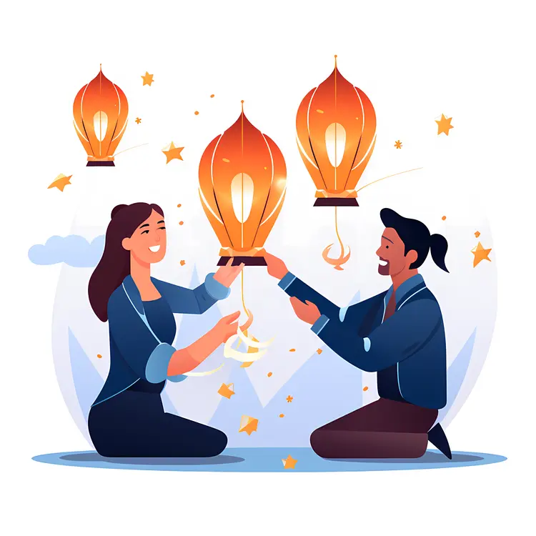 Couple Releasing Lanterns at Night