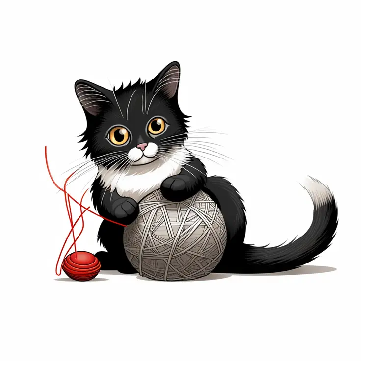 Cute Black and White Cat Playing with Yarn Ball