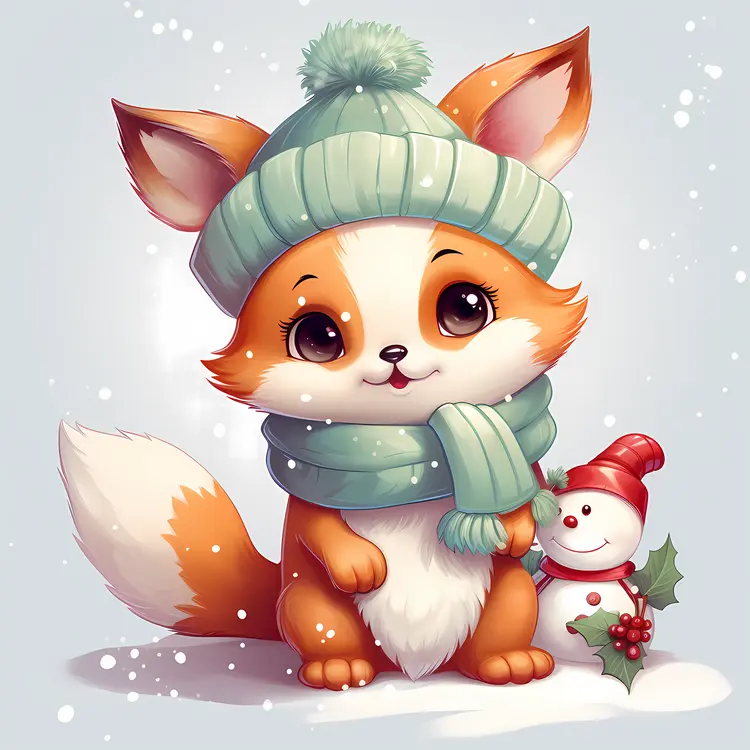 Cute Fox in Winter Hat with Snowman