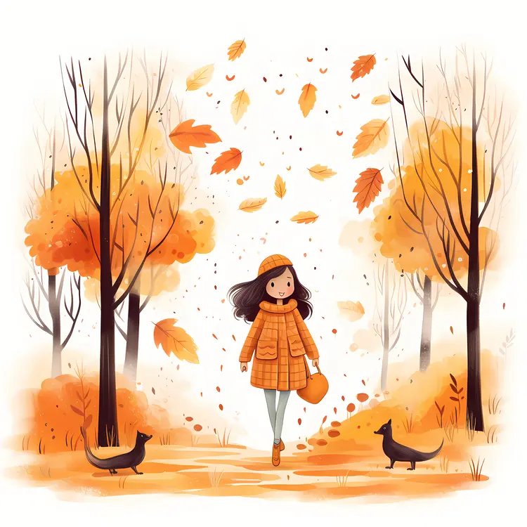Girl Walking Dogs in Autumn