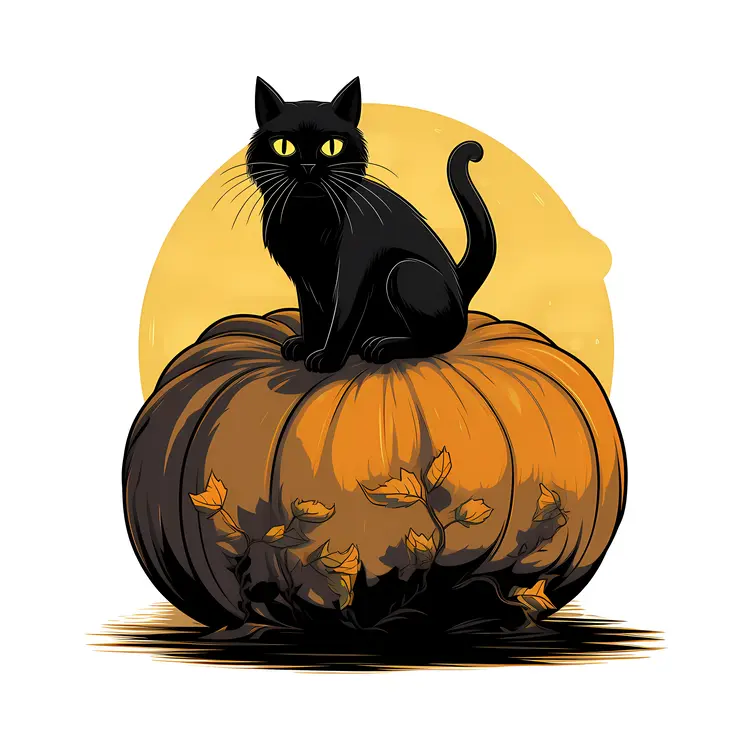 Black Cat on Pumpkin with Full Moon