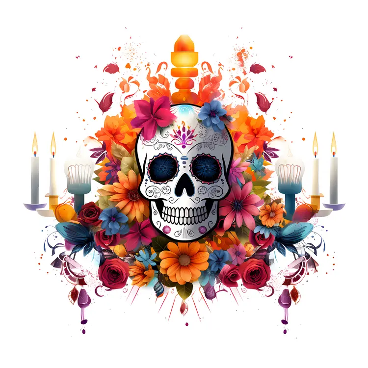 Colorful Decorated Skull with Flowers and Candles for Day of the Dead