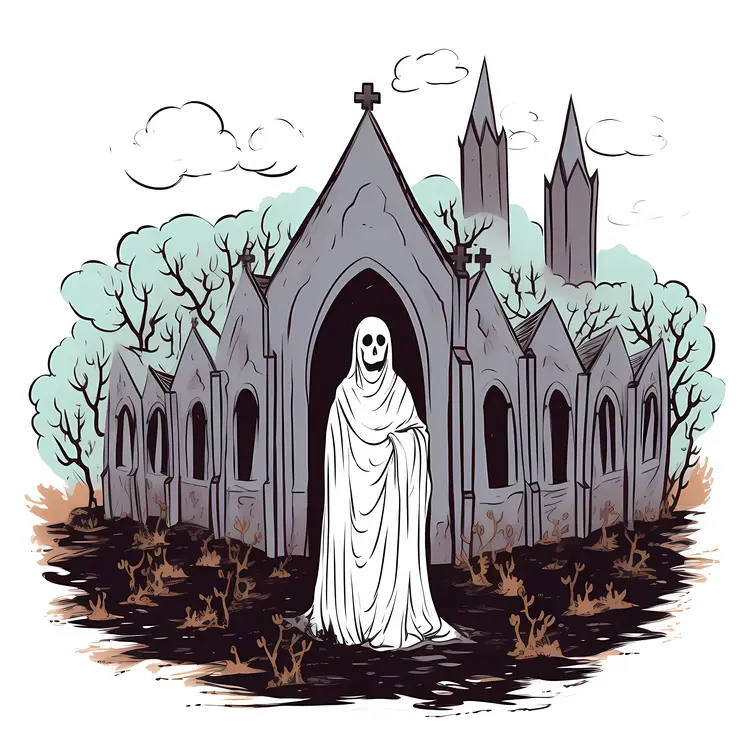Spooky Ghost in Haunted Graveyard for Halloween