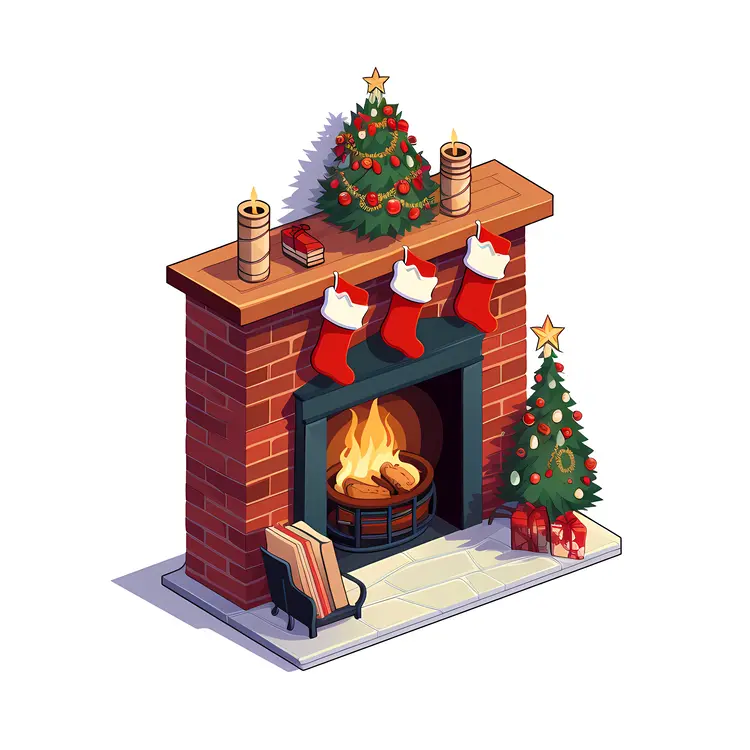 Christmas Fireplace with Stockings and Tree