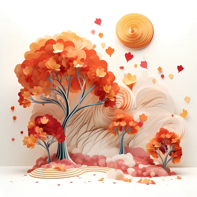 Autumn Trees with Falling Leaves and Sun