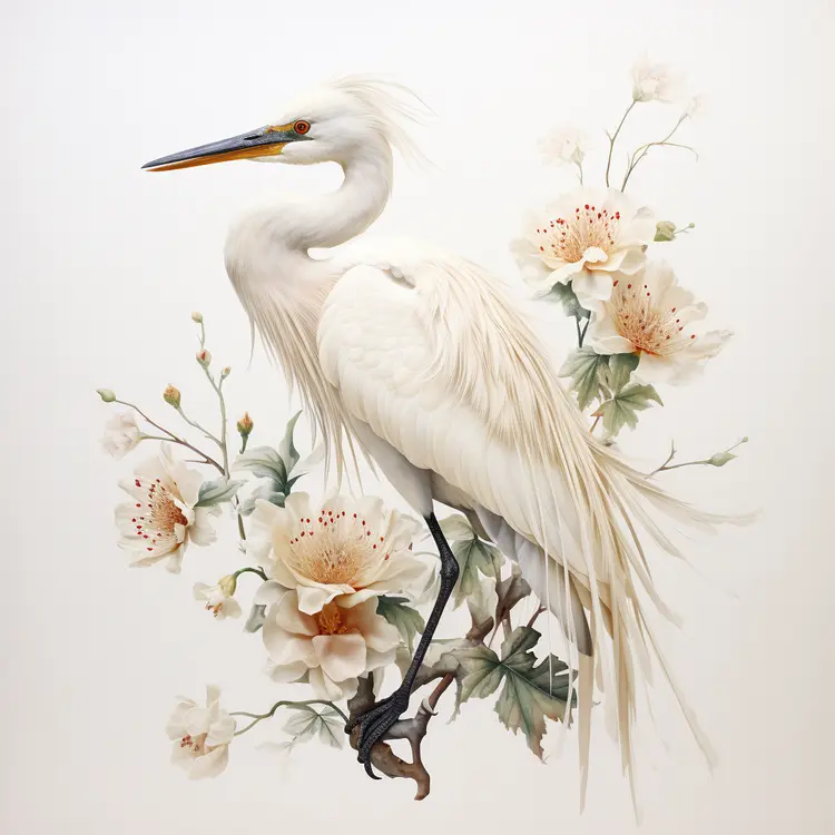 White Heron with White Flowers