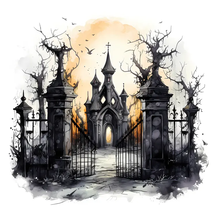 Spooky Haunted Gate with Bats and Castle