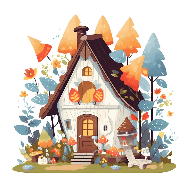 Small Cute Doodle House in Autumn Garden