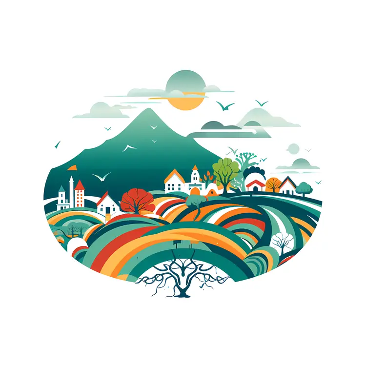 Scenic Mountain Landscape with Colorful Fields