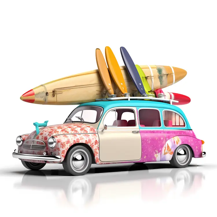 Colorful Vintage Car with Surfboards for Summer Vacation