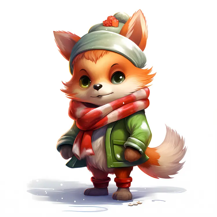 Cute Fox in Green Coat and Red Scarf